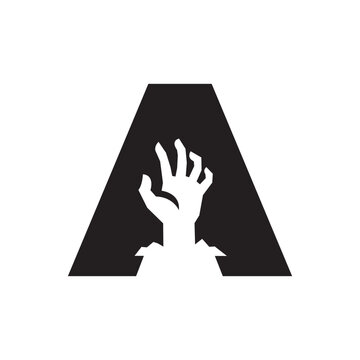 Letter A Zombie Hand Rising Ground Halloween Vector Icon Logo