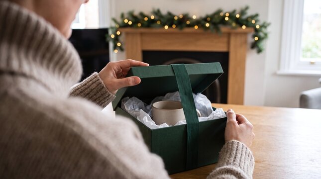 Woman Opening Christmas Gift Box with Festive Fireplace Background