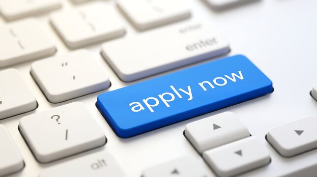 Blue Apply Now Button on White Computer Keyboard for Job Recruitment Hiring Career Online Application Business Website Interface Banner Background