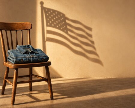 Denim jacket folded on a wooden chair with a shadow of the USA flag on the wall, featuring warm lighting and copy space for patriotic campaigns