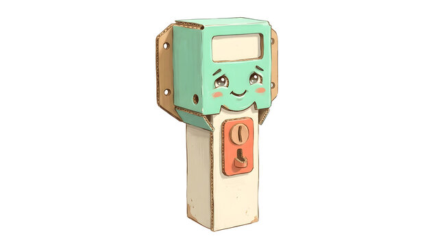 Cardboard parking meter, ticket machine and hand-drawn character on white background for recycling projects, education and creative play. Sustainable crafts, school activity and cute gaming icon for 