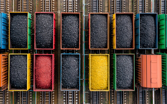 Colorful freight train cars filled with coal parallel railway tracks, industrial transportation scene with vibrant wagon, overhead view, energy supply and resource, organized railway yard