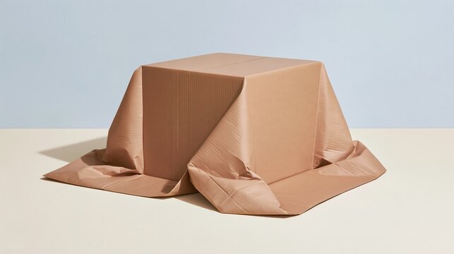 Cardboard box with exaggerated long flaps pooling on a cream seamless floor, a blank mockup with smooth creases for shipping and delivery campaigns