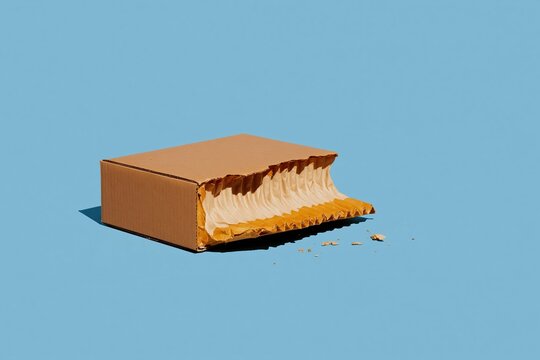 Cardboard box with exaggerated corrugated fluting bursting from the side, a kraft brown blank mockup on a soft blue background for packaging design