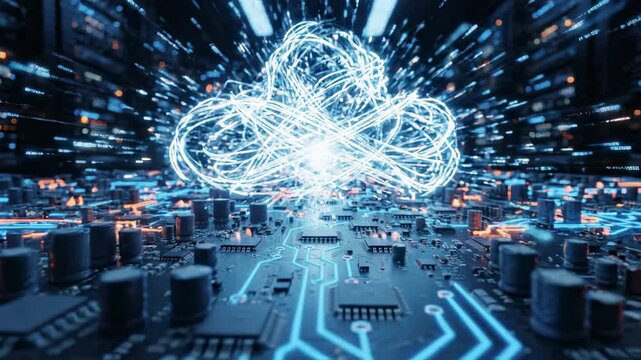 Digital futuristic cityscape, glowing circuit board pathways with data streams forming cloud symbol, abstract technology background