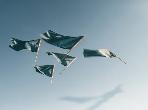 Five teal pennant flags floating in mid-air with sharp shadows against a cyan aqua background, a clean mockup with copy space
