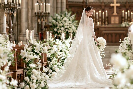 厳かに祝福される結婚式で純白ドレスの花嫁が優しく振り返る