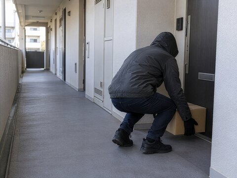 集合住宅の玄関前で宅配荷物に手を伸ばすフード姿の人物