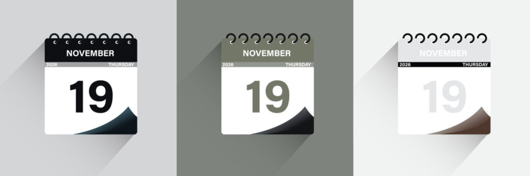 Three calendar icons showing november 19th, 2026, in different color styles
