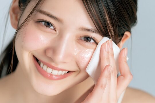 美容液で肌を潤す笑顔の女性の丁寧なスキンケア風景