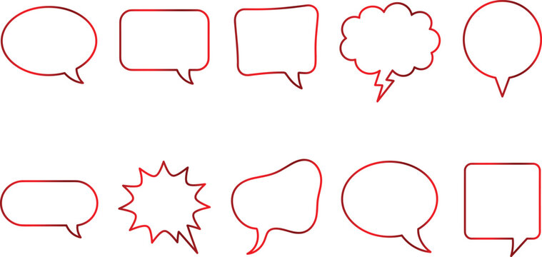 Speech bubbles collection in red gradient outlines for communication and discussion icons.