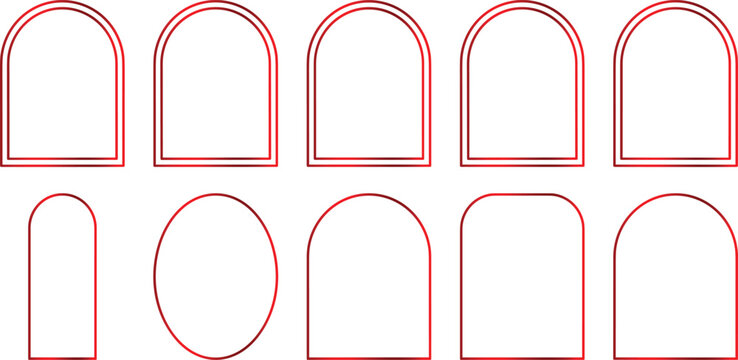 Collection of arched window frames in red gradient outlines for architectural design.