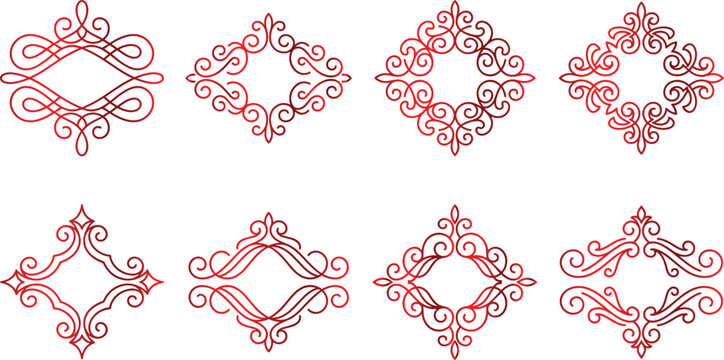 Collection of red ornate frames and borders for elegant design, decorative elements.