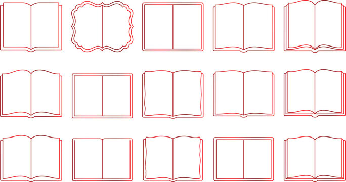 Collection of red book frames and borders for design, graphic elements, page decoration.
