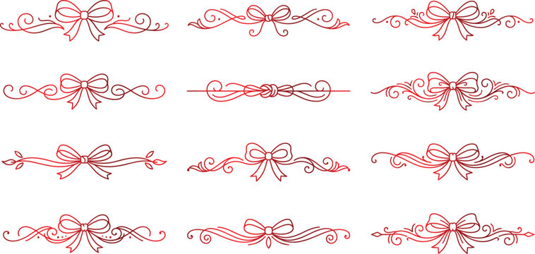 Red bow ornaments and dividers for elegant holiday and festive design, embellishments.