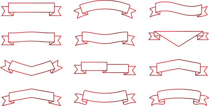 Set of red ribbon banners and labels for titles, headers, and design, shapes.