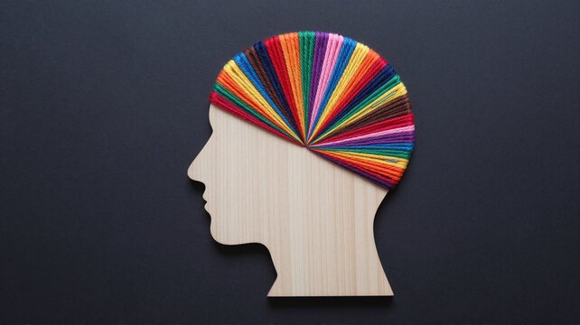 Wooden head profile with colorful embroidered brain threads