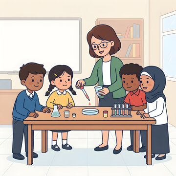 Teacher conducting science experiment with students isolated on white background