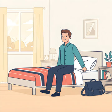 Man sitting on bed in cozy bedroom with luggage isolated on white background