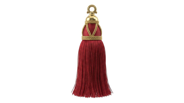 Decorative red silk tassel with gold ornament detail isolated on transparent background