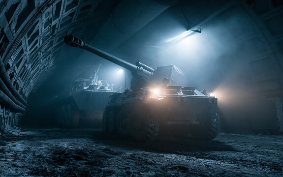 Military defense and combat readiness, heavy artillery and armored vehicle in a dark underground bunker for strategic warfare and national security