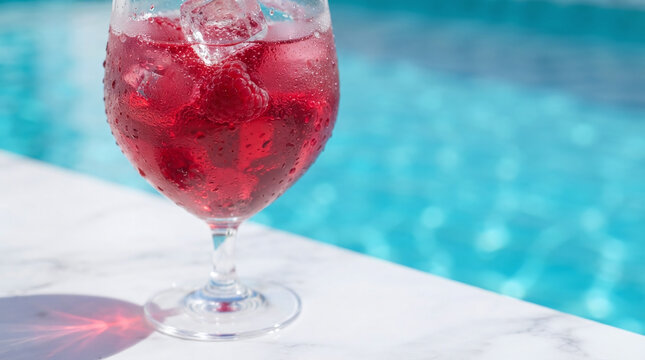 Poolside Summer Raspberry Cocktail: Refreshing Tropical Drink With Ice Cubes for Ultimate Relaxation