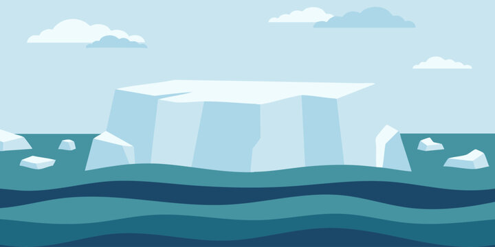 Flat vector illustration of a massive tabular iceberg floating in the cold ocean waters under a cloudy sky