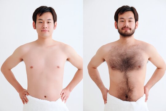 脱毛前後で胸毛とひげを比較する男性の姿