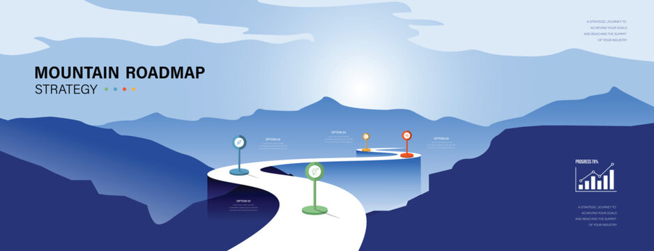 Mountain roadmap strategy vector illustration with winding path and location pins for business banner, presentation template, goal achievement, and leadership vision concept.