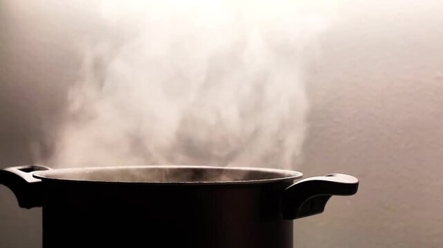 A close-up, slow-motion video showing hot steam rising from a black pot against a neutral background.