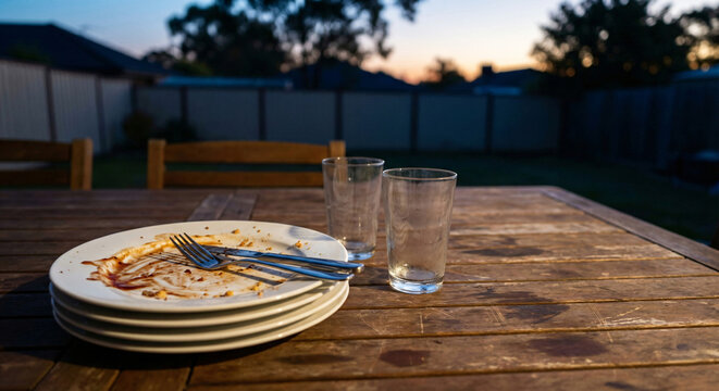 Dirty dishes on a wooden table outdoors after a meal