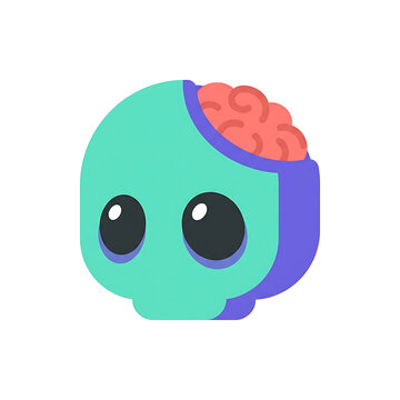 Cute cartoon zombie head with exposed brain on white background