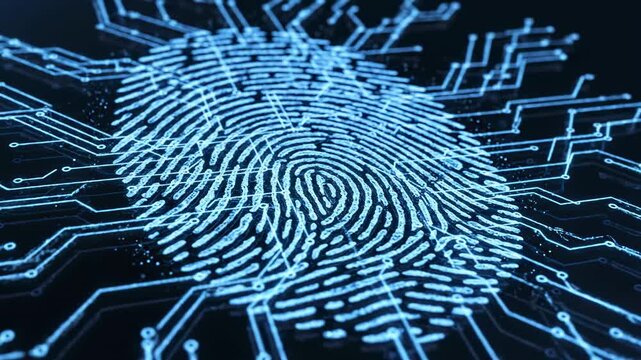 Abstract blue fingerprint scan with digital circuit board elements, representing biometric identification, data security, technology and digital access