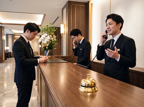高級ホテルのフロントで接客応対する日本人男性スタッフ