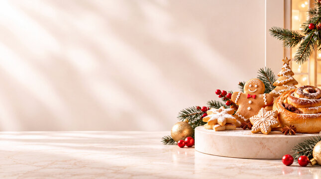 Christmas Bakery Background with Gingerbread Cookies and Cinnamon Rolls on Festive Podium