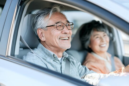 笑顔のシニア夫婦がドライブを楽しむ車窓から幸せな瞬間