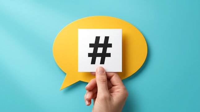 Hashtag Symbol on Paper Held by Hand in Front of Yellow Speech Bubble for Social Media Marketing Campaign and Digital Communication Banner Background