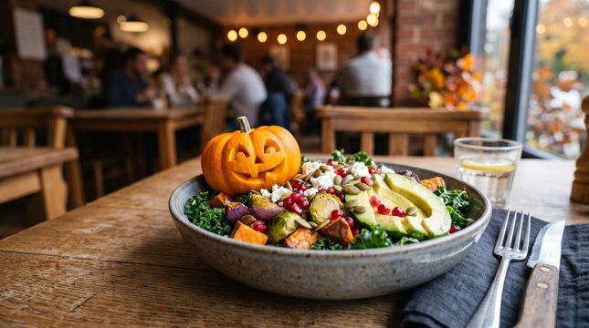 Seasonal salad with a carved Halloween pumpkin, avocado, kale, pomegranate and cheese on a wooden cafe table