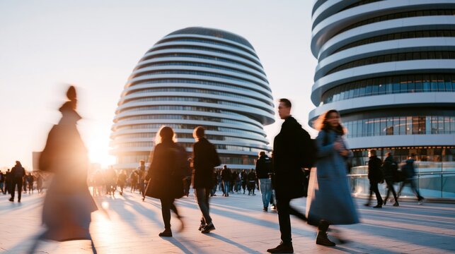Sunset glows behind modern glass buildings
