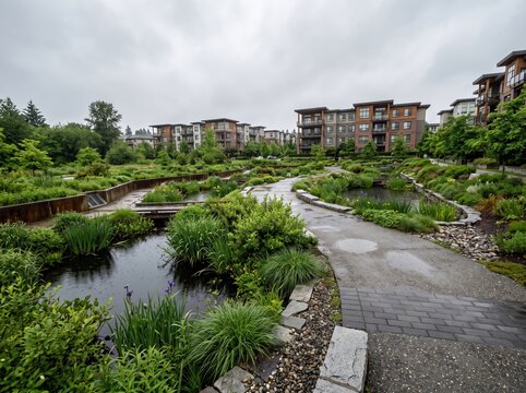Residential garden pathway winding through planted wetlands