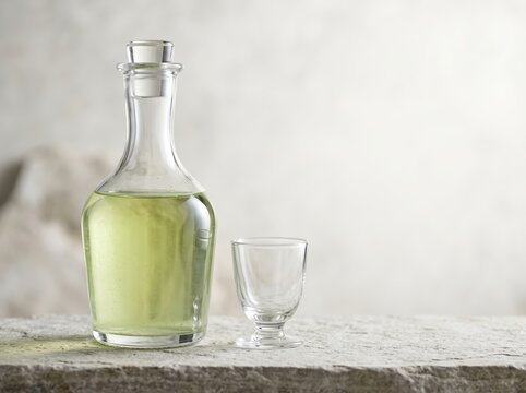 Glass decanter filled with pale green liquid on stone ledge