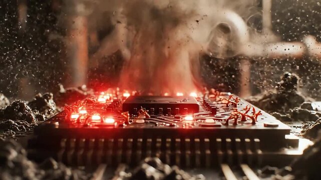 Macro view of electronic microchip overheating with heavy smoke rising and red glowing components on circuit board surrounded by floating dust particles in industrial rusty environment.