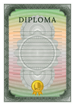 Beautiful blank diploma template with intricate vector lace design. Vertical layout.  Grid pattern and guilloche elements, framed, vintage decorate border. Sample front side. Green mesh