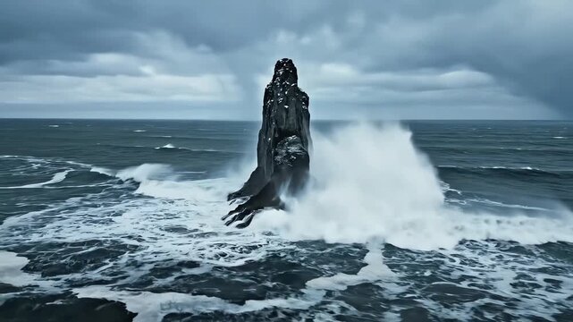Dramatic aerial view of massive ocean wave crashing against tall black volcanic sea stack rock pillar amidst stormy sea under overcast sky in winter, capturing raw power of nature energy.