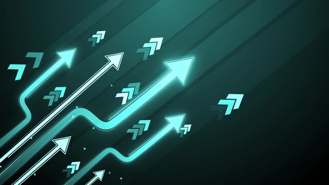 Abstract dark background with glowing arrows pointing upward growth progress and rising direction animation