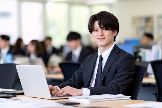 オフィスで笑顔の若手ビジネスマンがノートパソコンで作業