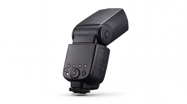 Modern black camera flash speedlight unit for professional studio photography equipment on white background