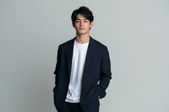 若いビジネスマンがスーツを着て立つ好印象の日本人男性ポートレート