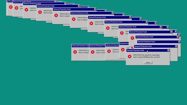 Cascading Retro Computer Error Message Screen Displaying a General Protection Fault Symbolizing System Crash or Malfunction on a Vintage Operating System