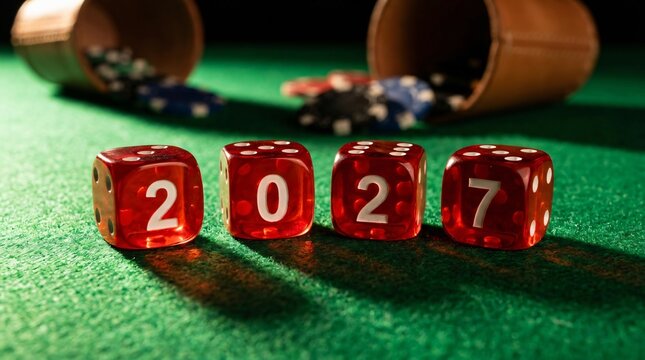 Four translucent red casino dice displaying the year numbers two zero two seven lined up neatly featuring glossy white pips and custom typography on white background